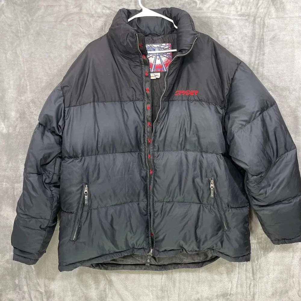Spyder Men's XXL Puffer Jacket Grey Goose Down Feather Thick Black Hideaway Hood
